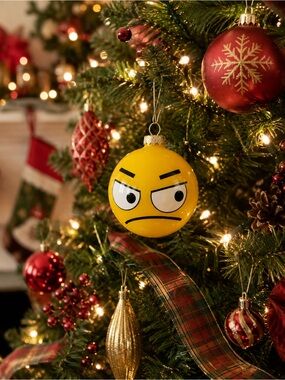Krebs Bah Humbug Glass Christmas Ornament 3.25” Yellow Face w/ Box